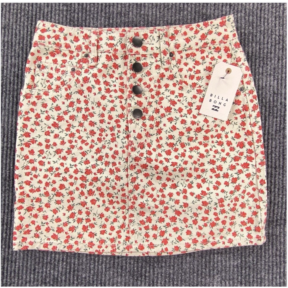 Billabong Mini Skirt Womens 24 Cream Red Floral Button Front Cute As A Button